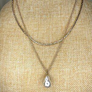 J Crew Gold Tone Double Layer Necklace With Faux Pearl Pendant